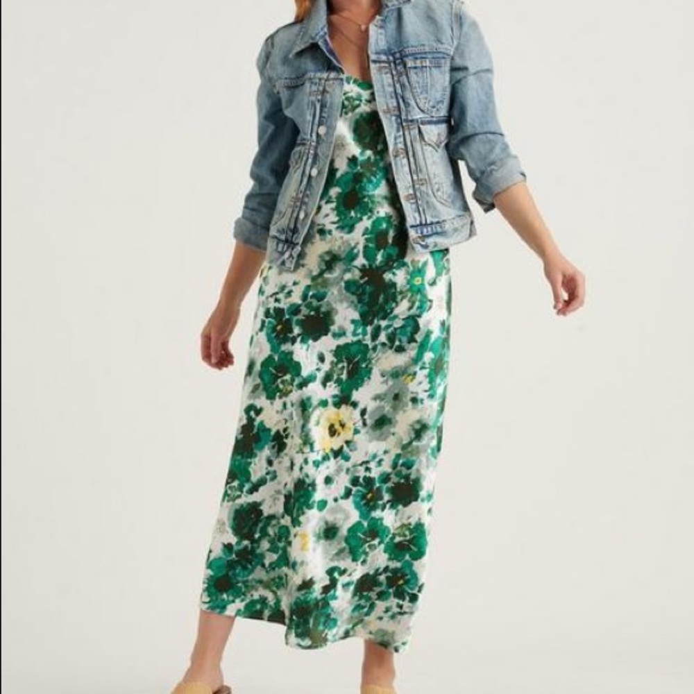 Lucky Brand Green Floral Satin Maxi Slip Dress XS